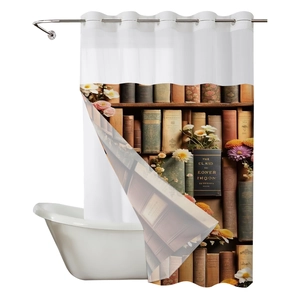 Waterproof waffle fabric shower curtain with vintage bookshelf print and metal grommets