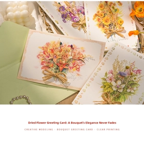 Detail of 3D handmade dried flower greeting card with raffia bow and pearl decor