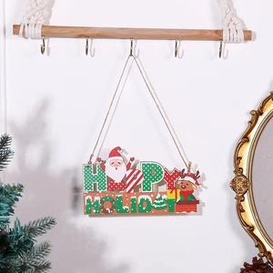 Christmas wooden hanging sign with Santa and reindeer on a hook for home decor