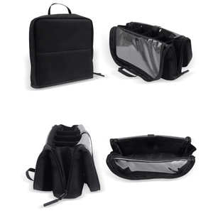 Detailed view of black multi-compartment makeup brush bag with internal PVC windows