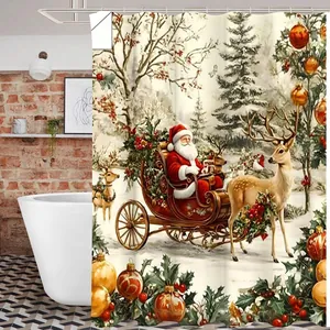Rideau De Douche Noël Imperméable Polyester Impression Numérique 3D Père Noël Renne Décoration Salle De Bain Crochets