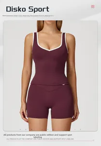 Detail of burgundy yoga set with contrast piping and open back U-neck sports bra