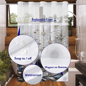 Detail showing waterproof double-layer shower curtain with snap-in liner and magnetic hem