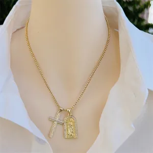 Cross Pendant Necklace 18K Gold Plated Copper With AAA Cubic Zirconia Religious Jesus Virgin Mary Key Jewelry For Men Women