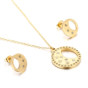 Gold stainless steel moon and star jewelry set with necklace and stud earrings