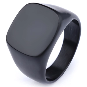 Detailed 45-degree angle of a matte black square signet ring for men in stainless steel