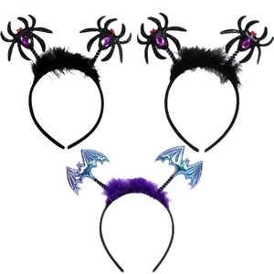 Halloween headband set featuring black spiders and iridescent bats with purple feathers