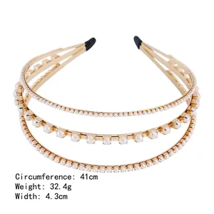 Serre-tête élégant à trois couches doré avec perles pour femmes, largeur 4,3 cm