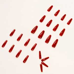 24pcs burgundy rose patterned coffin press-on nails with glossy finish on white base