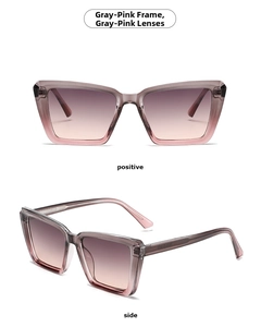 Detail view showing front and side profile of square sunglasses with pink gradient lenses