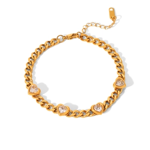 Luxurious 18K gold plated titanium steel chain bracelet with sparkling heart cubic zirconia