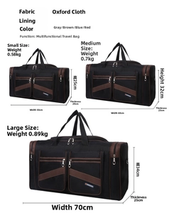 Size chart for foldable Oxford travel bags in small, medium and large capacities