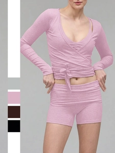 Haut Cache-Cœur À Manches Longues Et Short En Tricot Côtelé Pour Femme Col V Noué Sur Le Côté Coupe Slim Streetwear