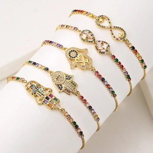 Hamsa Hand Infinity Bracelet Copper 18K Gold Plated Colorful Zircon Adjustable Slide Clasp Bolo Jewelry For Women