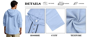 Detail view of light blue linen hoodie shirt showing texture, buttons and hood design