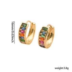 Detail view of 16mm gold brass C-shaped hoop earrings with colorful marquise zircons