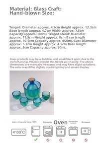 Macro detail of Japanese hammered glass sake set with blue gradient and dimensions