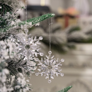Close-up of clear acrylic snowflake Christmas ornaments with elegant light reflection