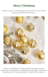 Golden Christmas tree ornaments with various textures on snow and pine branches
