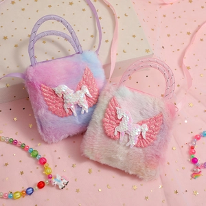 Unicorn cartoon plush crossbody bags with sequin wings in pink and purple colors