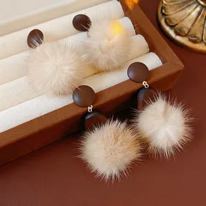 Vintage Round Oval Wood Pom Pom Dangle Earrings With 925 Sterling Silver Earring Post For Women Fashion Jewelry