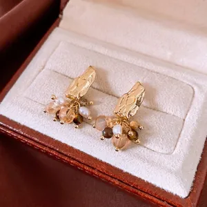 Vintage Hammered Gold Cluster Drop Earrings With Artificial Pearl Stone Beads And 925 Sterling Silver Earring Post Elegant Retro