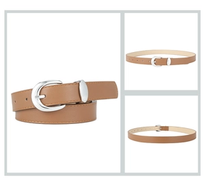 Detailed views of brown PU leather belt with classic silver metal buckle for women