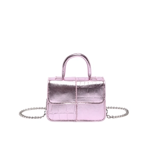Pink metallic crocodile embossed mini square bag with top handle and gold chain strap
