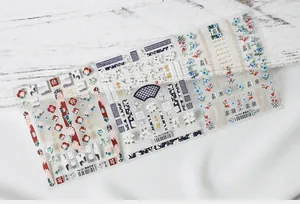 Detailed flat lay of three artistic adhesive nail art sticker sheets in floral patterns