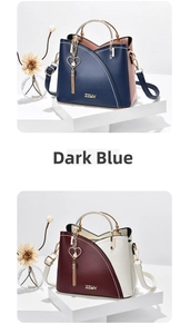 Detail of color-block handbags with ZZMY logo, heart tassel charms and metal ring handles