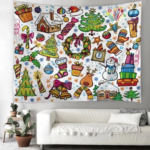 Détail d'une tapisserie murale de Noël avec icônes festives colorées dans un salon cozy