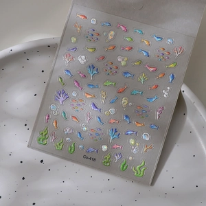 Tropical sea fish and coral reef nail art stickers with laser holographic finish Co-418