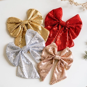 Sequin Christmas Bow Ornaments Glitter Fabric Hanging Bows For Holiday Tree Party Decor Sparkling Large Festive Ribbon