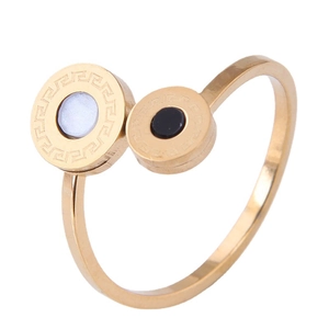 Gold stainless steel open ring with Greek meander engraving and black-white inlay