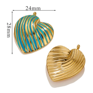 Detailed size view of heart pendants in blue enamel and gold finish, 24mm by 28mm