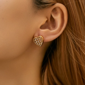 Vintage 18K gold plated brass hollow heart earrings with mesh texture and tiny crystals