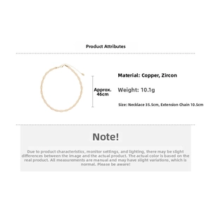 Detail of zircon necklace specifications showing 46cm length and copper material