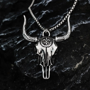 Vintage silver stainless steel bull skull pendant necklace with fleur-de-lis on rock base
