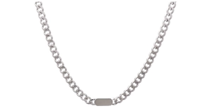 Detailed view of silver Cuban chain necklace featuring a polished square metal tag