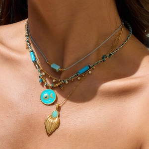 Layered 18K gold stainless steel necklace with turquoise pendant and star moon charms