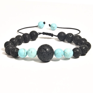 Detailed macro view of adjustable braided lava rock and turquoise beaded bracelet set