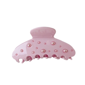 Elegant pink claw clip with faux pearl decorations for women's hair styling