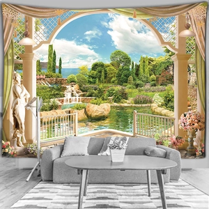 Macro detail of European garden scenery tapestry featuring archway and floral patterns
