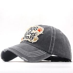 Distressed dark grey washed cotton baseball cap with DOG vibes ONLY patch embroidery
