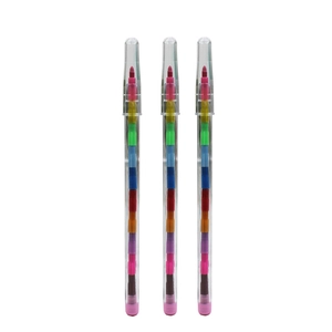 Three stackable 11-color building block crayons in clear plastic tubes for creative coloring