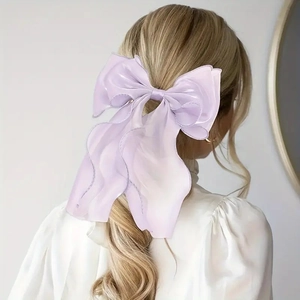 Lavender organza bow hair clip for women, elegant back view on blonde hair hairstyle