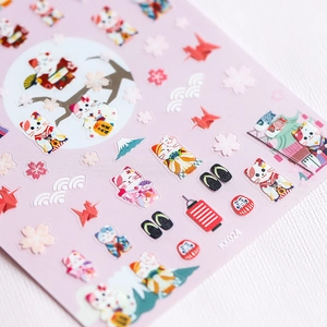 Self-adhesive 5D Japanese nail art stickers with lucky cat and cherry blossom motifs