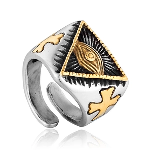 Vintage stainless steel Eye of Providence ring with golden relief and punk style details