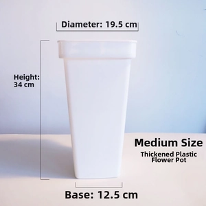 Medium size thick plastic flower bucket dimensions 19.5cm top 34cm height in white