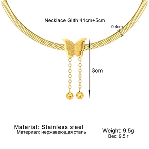 Golden double layer butterfly pendant necklace in stainless steel with bead tassels